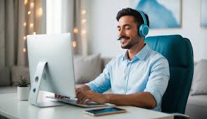 Man smiling with laptop and headset